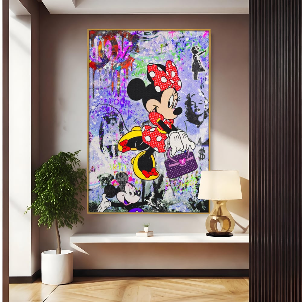 Tablou canvas cu tablou canvas cu minnie mouse stil pop art, in rama de aluminiu auriu